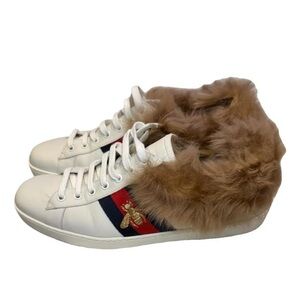 Gucci White Sneakers with Brown Fur and Red Stripe